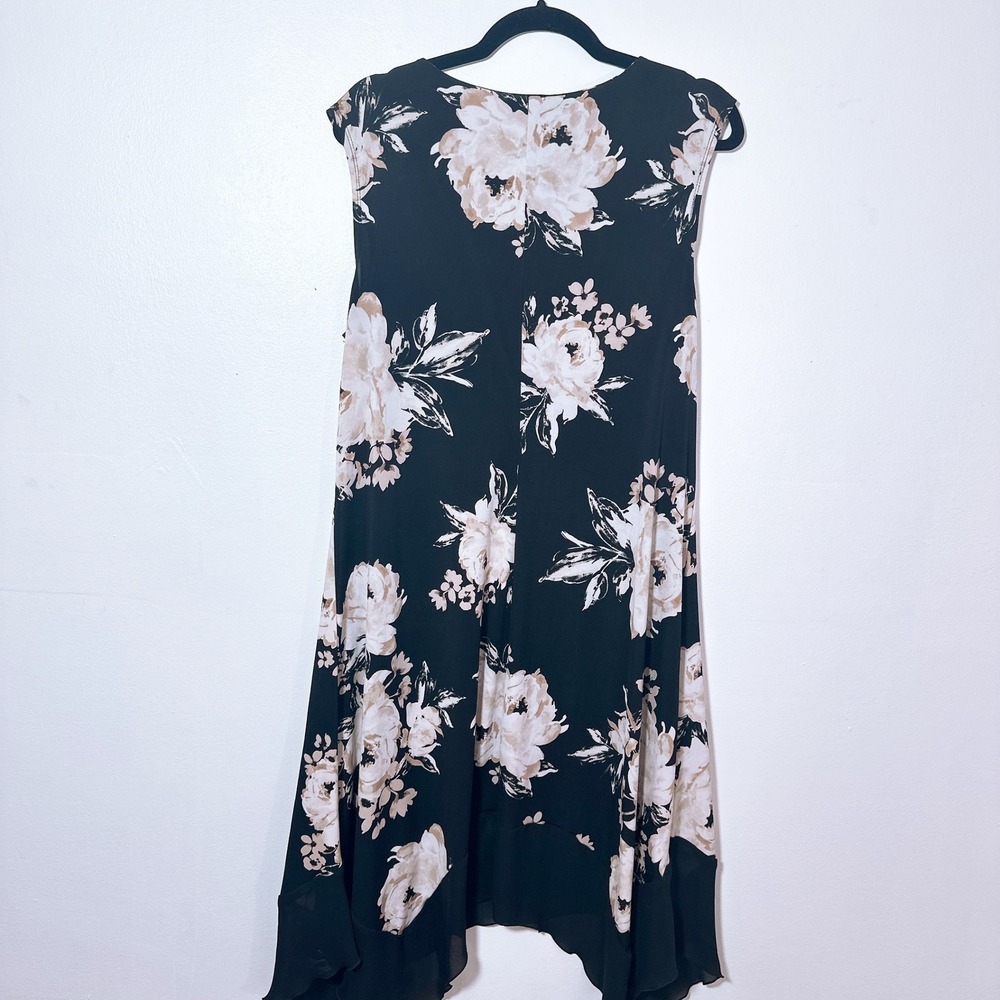LOFT Size L Floral V-Neck Handkerchief Hem Sleeveless Midi Dress Black RosePrint - Picture 4 of 5